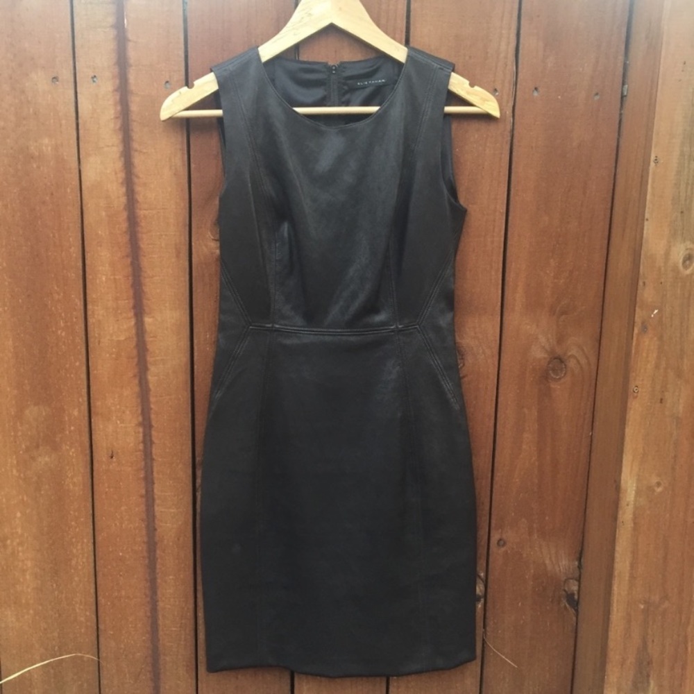 Elie Tahari Stretch Leather Sleeveless Sheath Dress Black Brown BodyCon